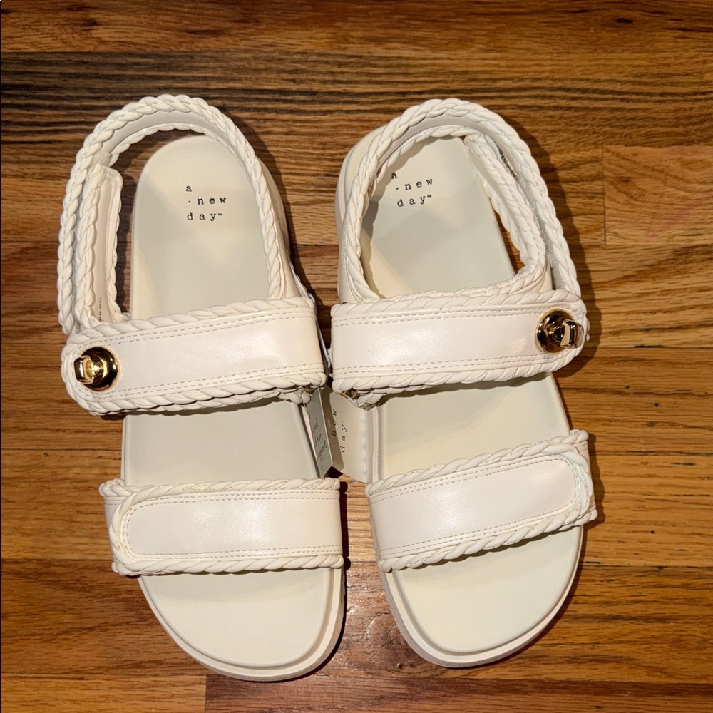 a new day off White Braided-Strap Sandals with Gold Accent